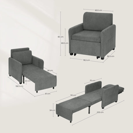 Grijze BukkitBow 3-in-1 slaapstoel met verstelbare slaapfunctie en ligstoel, lengte 235 cm, ergonomisch en comfortabel.