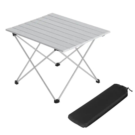 BukkitBow aluminium campingtafel, opvouwbaar met antislip pootjes en draagtas, compact formaat voor kampeer- en outdoorgebruik.
