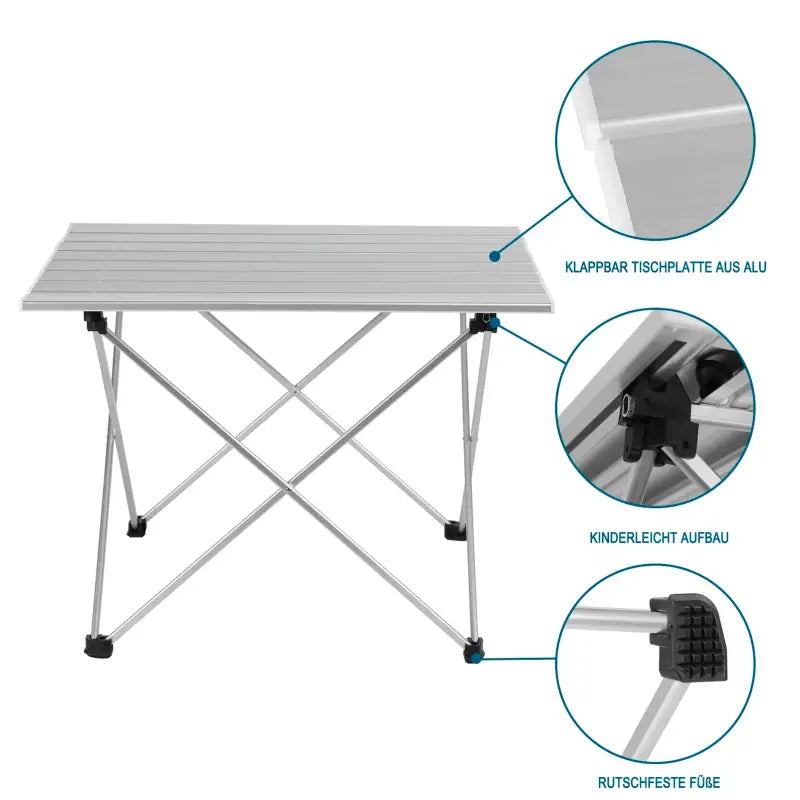 Aluminium campingtafel van BukkitBow, opvouwbaar met antislip pootjes en draagtas, geschikt voor camping en outdoor gebruik.