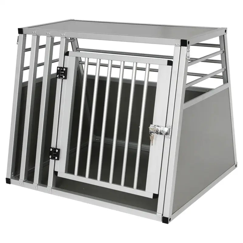 Aluminium en MDF hondentransportbox van BukkitBow, trapeziumvormig met volledige ventilatie, zilver of zwart, 65x65x80cm.