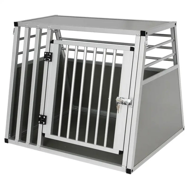 Aluminium en MDF hondentransportbox van BukkitBow, trapeziumvormig met volledige ventilatie, zilver of zwart, 65x65x80cm.