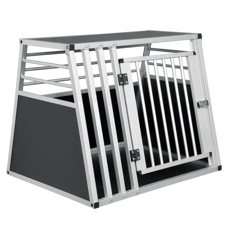BukkitBow aluminium MDF hondentransportbox met trapeziumvorm, volledige ventilatie, in zilver of zwart, 65x65x80cm, geschikt voor honden.