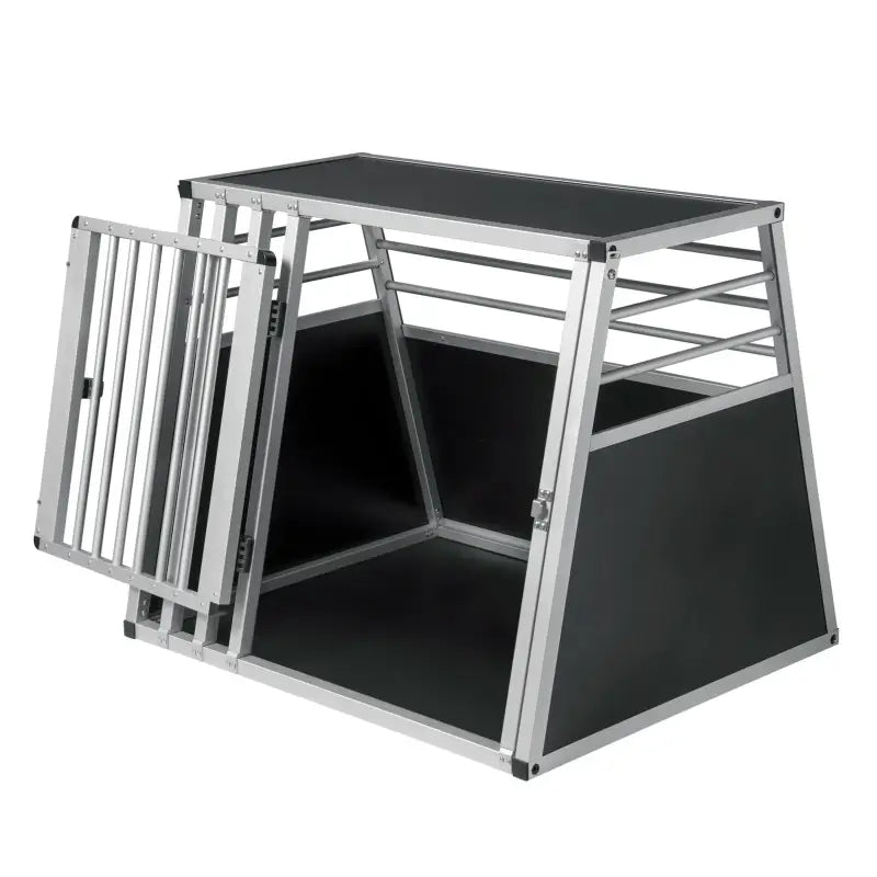 BukkitBow aluminium MDF hondentransportbox met trapeziumvorm en volledige ventilatie, zilver of zwart, 65x65x80cm.