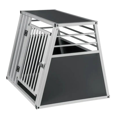 BukkitBow aluminium MDF hondentransportbox met trapeziumvorm, volledige ventilatie in zilver of zwart, 65x65x80cm, veilig voor honden.