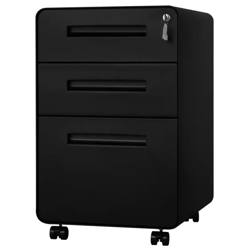 BukkitBow archiefkast op wielen met slot, 3 lades, ronde randen en opbergruimte voor dossierdocumenten, staal en vergrendelingsmechanisme.