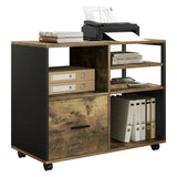 BukkitBow archiefkast met wieltjes, industrieel zwart metalen frame en vintage bruine houten afwerking, geschikt als printerkast of kantoorkast