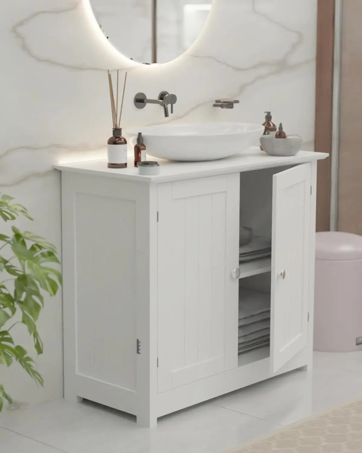 BukkitBow badkamerkast onder wastafel met 2 deuren, landelijk stijl, vrijstaand, opslagmeubel, 60x30x60 cm, houten afwerking.