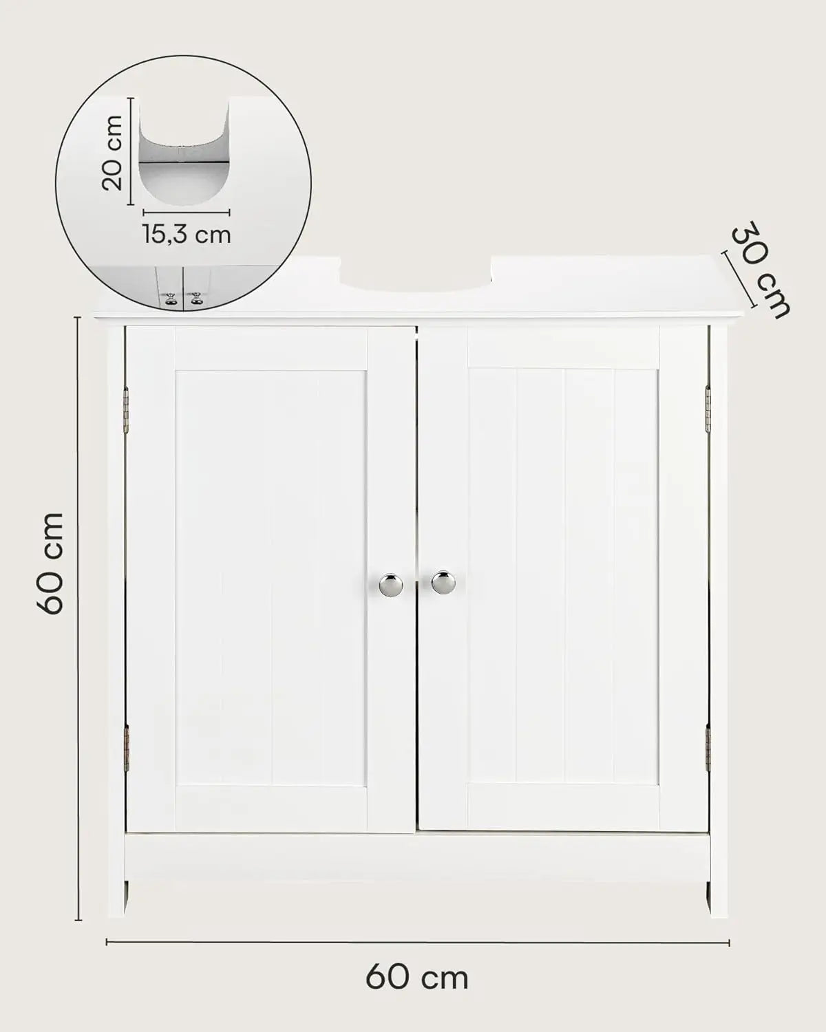 BukkitBow badkamerkast onder wastafel met 2 deuren, vrijstaand in landelijke stijl, opslagmeubel 60x30x60 cm, wit geschilderd.