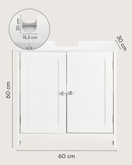 BukkitBow badkamerkast onder wastafel met 2 deuren, vrijstaand in landelijke stijl, opslagmeubel 60x30x60 cm, wit geschilderd.