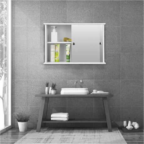 BukkitBow badkamermeubel met spiegel, verstelbare plank, schuifdeur en waterbestendige afwerking, maat 55x14x36 cm.