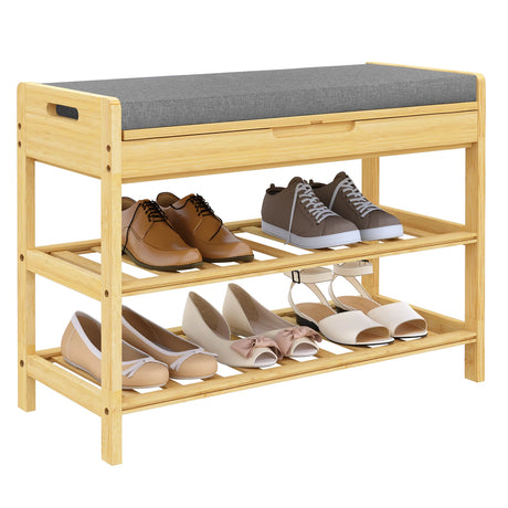 BukkitBow bamboe schoenenrek met zitting en opbergvak, natuurlijk afwerking, geschikt voor schoenen en accessoires.