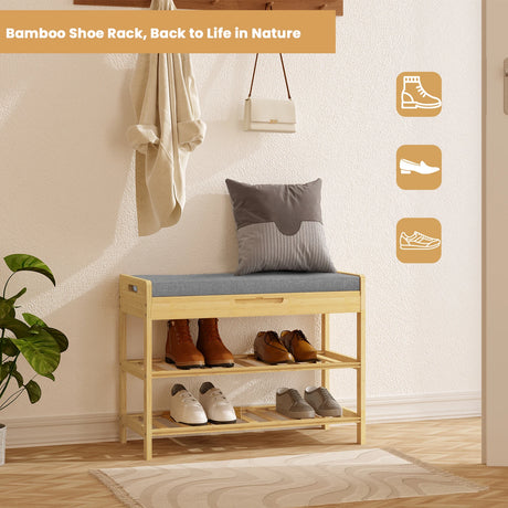BukkitBow bamboe schoenenrek met zitting en opbergvak, natuurlijk afgewerkt, ideaal voor schoenen en accessoires opberging