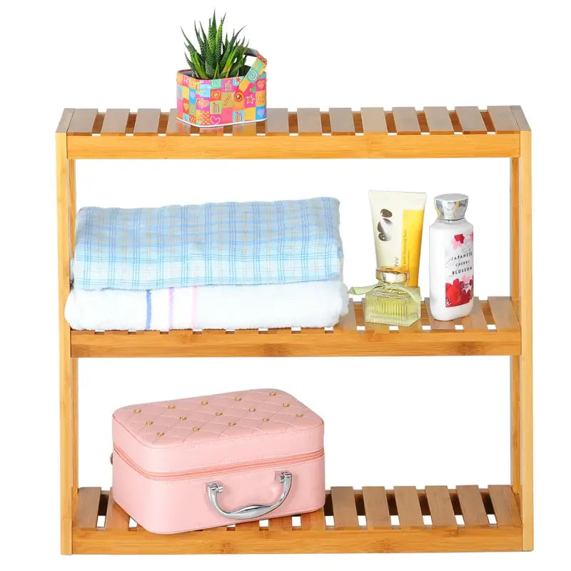 BukkitBow bamboe wandplank handdoekenrek en cosmetica plank, duurzaam materiaal, 60x15x54cm, max 15kg per lade.