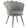 BukkitBow bloemvormige velvet fauteuil met zwarte metalen poten, zachte roodachtige bekleding en stijlvolle design.