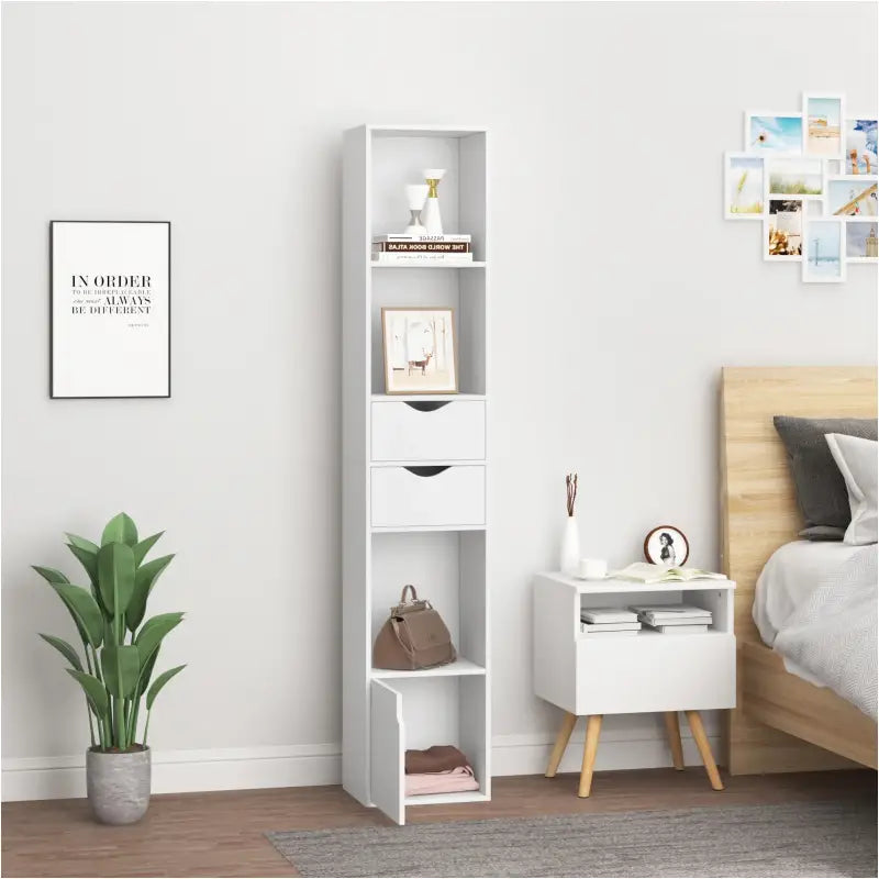 BukkitBow boekenkast met 3 vakken en 2 lades, ruimtebesparende houten kast, afmetingen 30x158x24cm, moderne opbergruimte