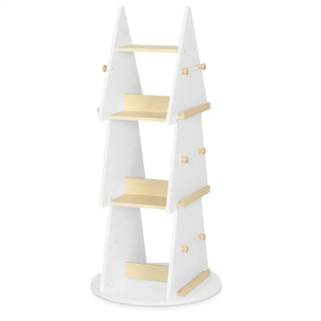 BukkitBow kinderboekenkast in boomvorm met 4 planken, draaibare plank en ophanghaken, wit en bruin hout, geschikt voor kinderen.