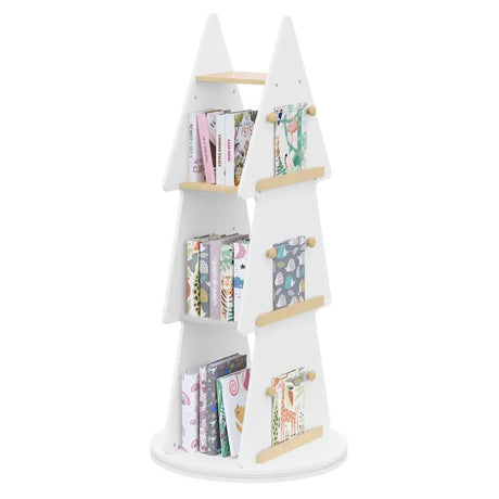 BukkitBow kinderboekenkast in kerstboomvorm met 360° draaibare plank, vier planken en ophanghaken, wit en bruin hout.