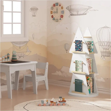 BukkitBow kinder boekenkast in kerstboomvorm met 4 planken, 360° draaibare plank, wit en bruin hout, met ophanghaken.