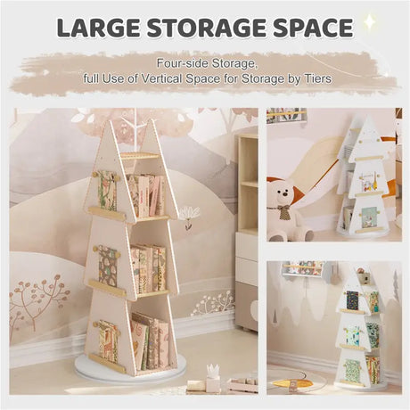 Kinderboekenkast van BukkitBow met 360° draaibare plank, boomvorm, 4 planken, ophanghaken, wit en bruin hout, voor kinderen.