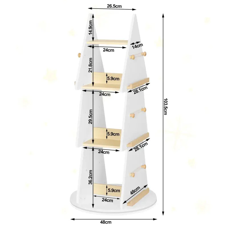 Witte en bruine kinderboekenkast van BukkitBow met 360° draaibare plank, boomvorm, vier planken en ophanghaken.