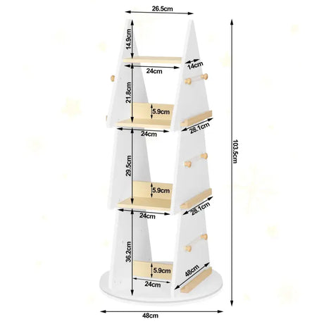 Kinderboekenkast BukkitBow met 360° draaibare plank, kerstboomvorm, vier planken, ophanghaken, in wit en bruin hout.