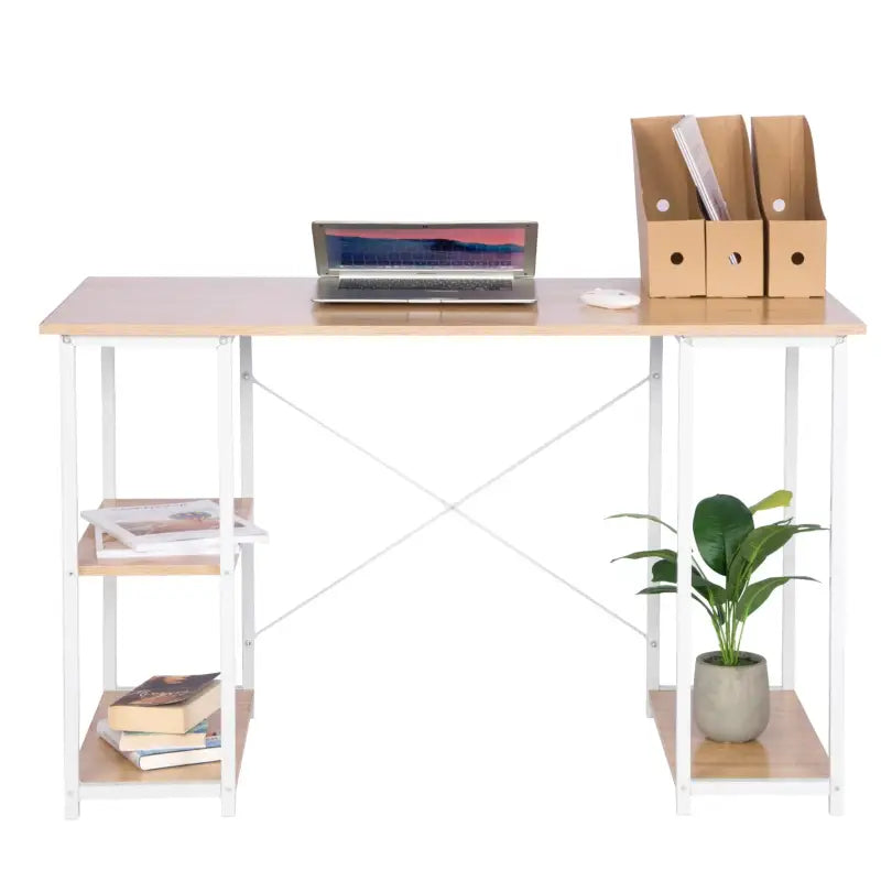 BukkitBow bureau van licht eikenhout met stalen frame en 3 opbergvakken, draagvermogen tot 50 kg, modern en functioneel ontwerp.