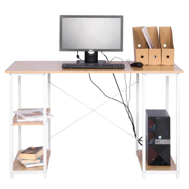 BukkitBow bureau van licht eikenhout met stalen structuur en 3 opbergvakken, draagvermogen tot 50 kg, modern en functioneel.