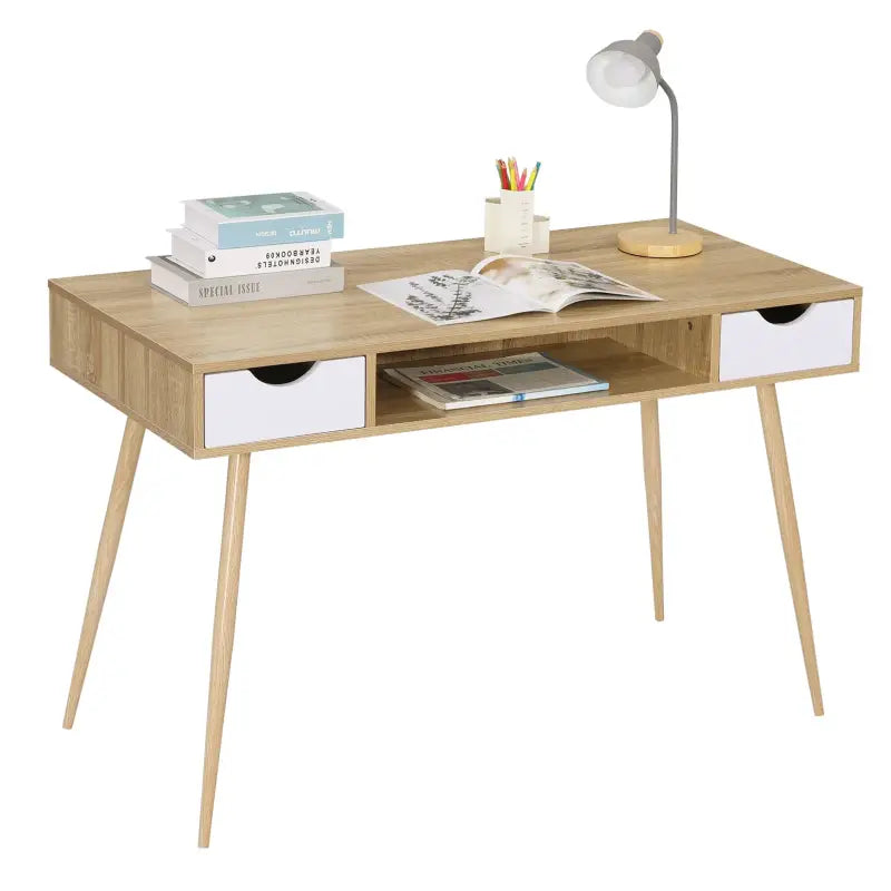 BukkitBow bureau met 2 laden en open compartiment, stevig eikenhouten materiaal, afmetingen 120x58cm, modern en functioneel design
