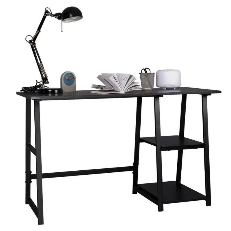 BukkitBow bureau met 2 opbergplanken, spaanplaat werkblad en metalen frame, 120x50cm, ideale werkstation voor thuis of kantoor.