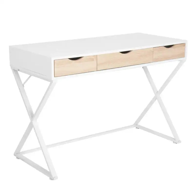 Wit BukkitBow bureau met drie laden, hout en metaal, waterdicht en krasbestendig, afmetingen 110x50cm, modern en functioneel.