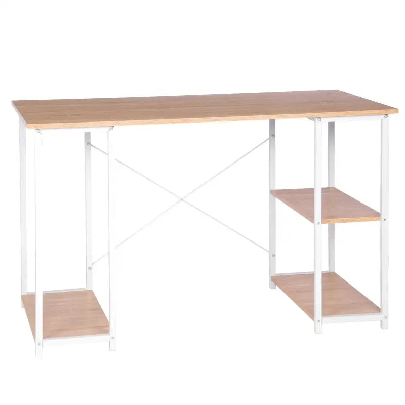 BukkitBow bureau met computerstandaard, opbergvak en 2 planken, licht eiken of wit, stalen frame, 120x60cm, houten panelen.