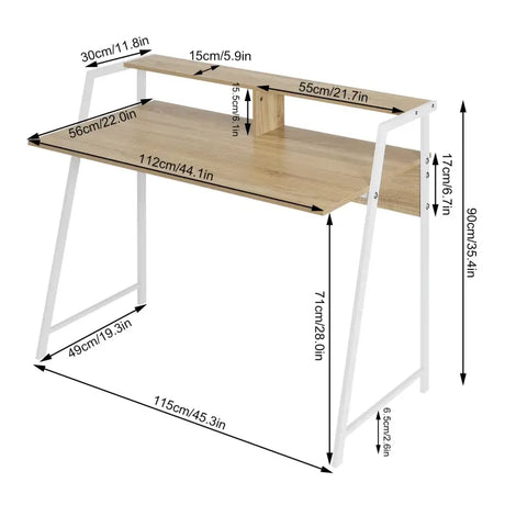 BukkitBow bureau met houten look en hoge opstapplank, afmetingen 56x115x71 cm, geschikt voor kantoor of thuiswerkruimte