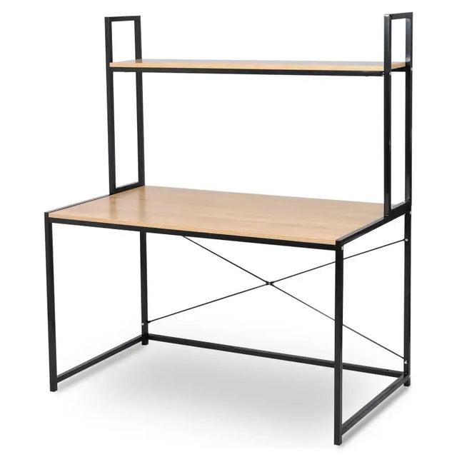 BukkitBow bureau met hout en stalen frame, 120x60x140 cm, inclusief opbergplank en maximaal 50 kg draagvermogen.