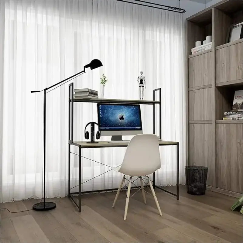 BukkitBow bureau met houten en stalen frame, opbergplank, afmetingen 120x60x140 cm en draagvermogen van 50 kg, in een moderne kantoorruimte.