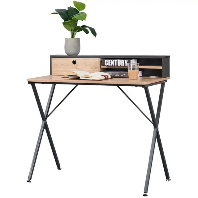 BukkitBow bureau met stalen frame, licht eikenhout, lade, opbergvakken en meebewegende poten, afmeting 90x50cm.