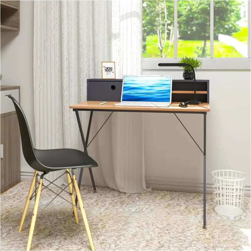 BukkitBow bureau/studietafel met stalen frame, licht eikenhouten blad, lade, opbergvakken en beweegbare poten, 90x50cm