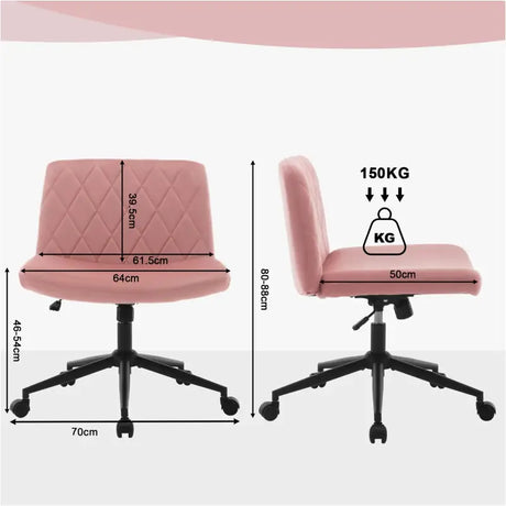 BukkitBow bureaustoel met fluweel bekleding, metalen frame, ergonomisch ontwerp, verstelbaar zonder armleuningen.