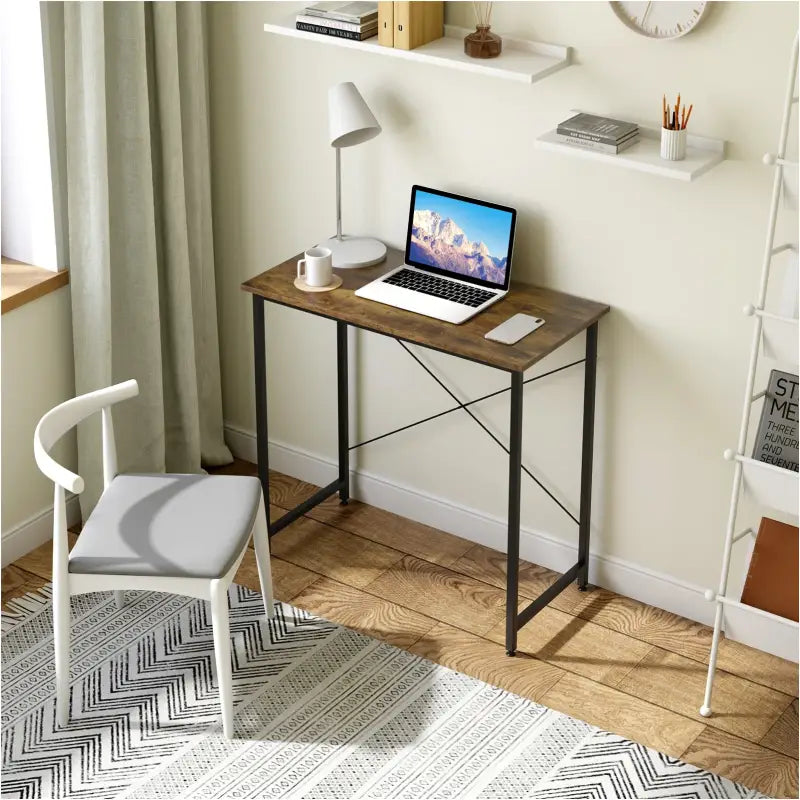BukkitBow compact bureau met metalen frame, vintage bruine houtafwerking, afmetingen 80x40x75 cm, elegant en functioneel ontwerp