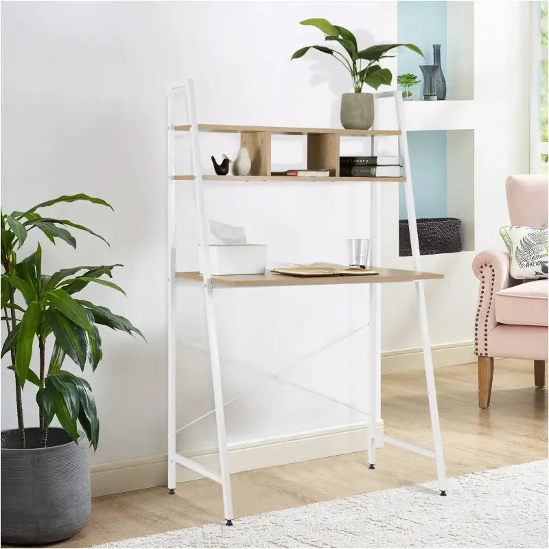 BukkitBow compact bureau met bovenplanken voor opslag, zwart metalen frame en houten werkblad, afmetingen 84x46x140 cm