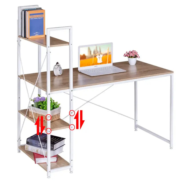 BukkitBow compacte hoekbureau met opslagrek, spaanplaat en metalen frame, 4 planken, afmetingen 120x64x120cm, werkplek en opbergoplossing