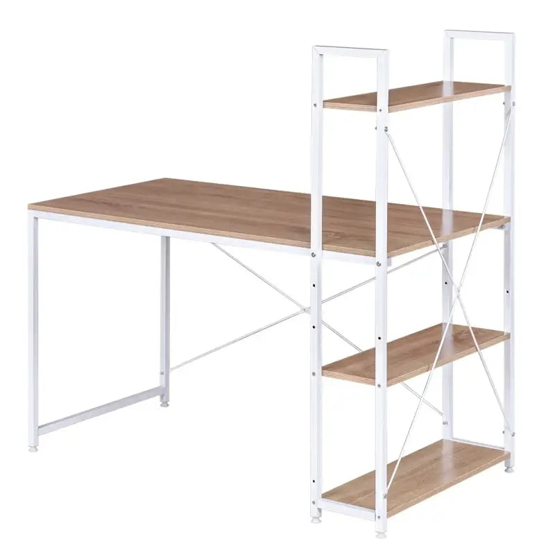 BukkitBow compact hoekbureau met opslagrek, spaanplaat en metaal, 4 planken, 120x64x120cm, werkplek en bureau.
