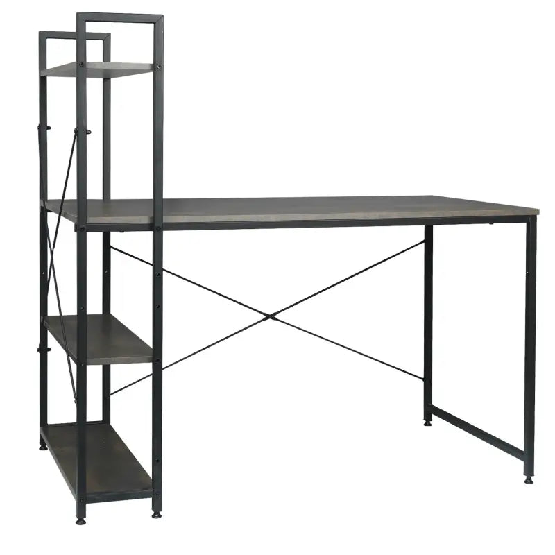 BukkitBow compact hoekbureau met 4 planken opslagrek, spaanplaat en metaal, afmetingen 120x64x120 cm, ideale werkplek.