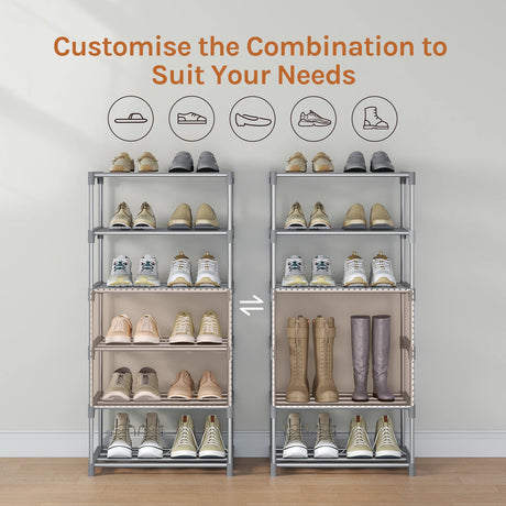 BukkitBow metalen schoenenrek, compact en stapelbaar met open systeem voor nette schoenen organizing.
