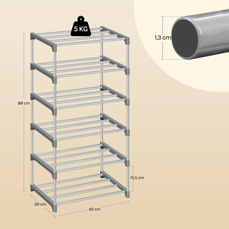BukkitBow metalen schoenenrek, compact en stapelbaar, open systeem voor nette schoenenopslag, zwart en staalkleurig.