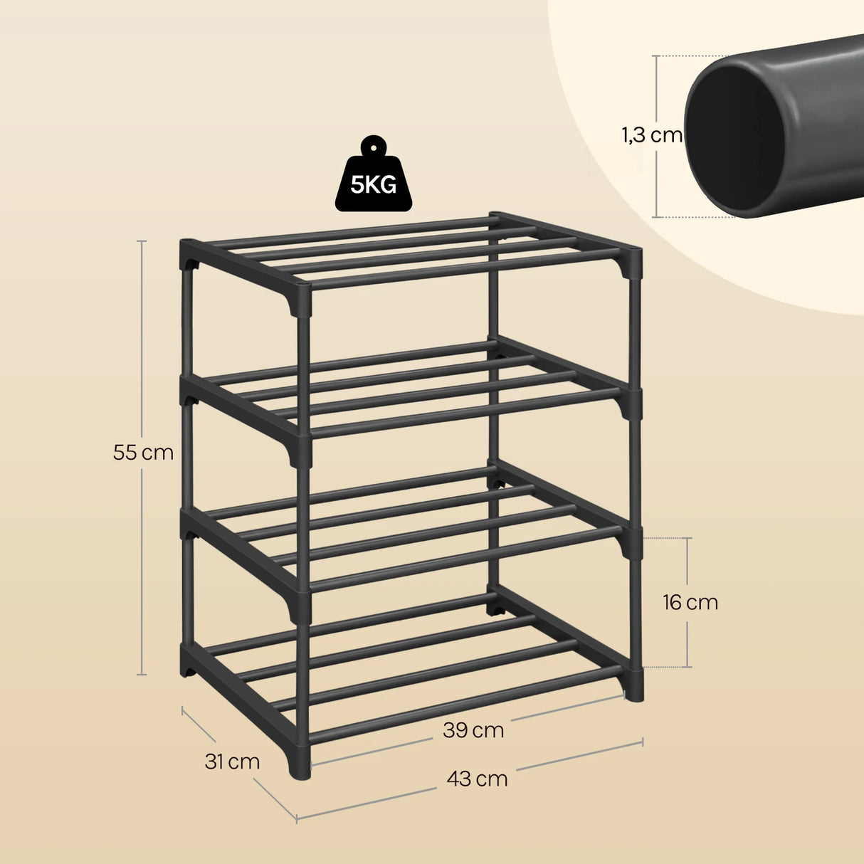 BukkitBow metalen schoenenrek, compact en stapelbaar met open systeem, voor georganiseerde schoenenopslag.