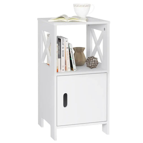 BukkitBow compact nachtkastje van MDF met ruime opbergruimte, afmetingen 30x60x30 cm, modern en functioneel design.