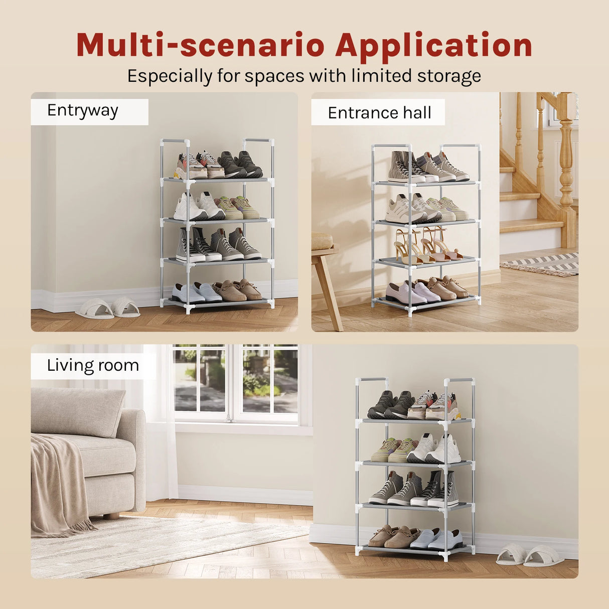 BukkitBow Compact schoenenrek met metalen buizen, stapelbaar en flexibel voor het organiseren van schoenen.