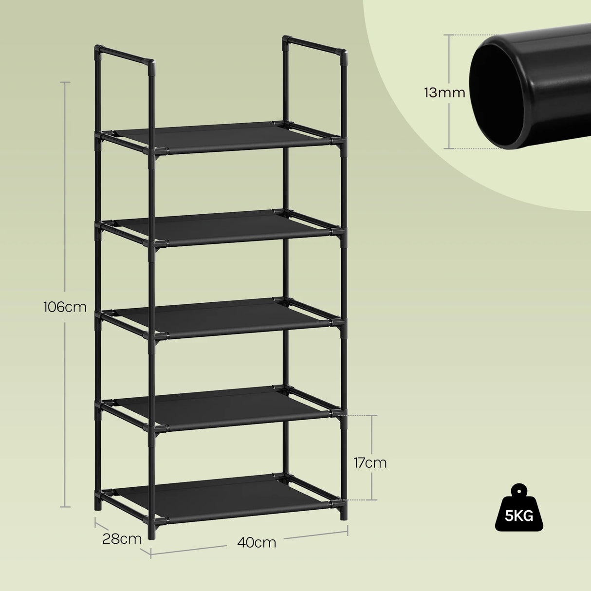 BukkitBow compact schoenenrek met metalen buizen, stapelbaar en flexibel voor georganiseerde schoenenopslag.