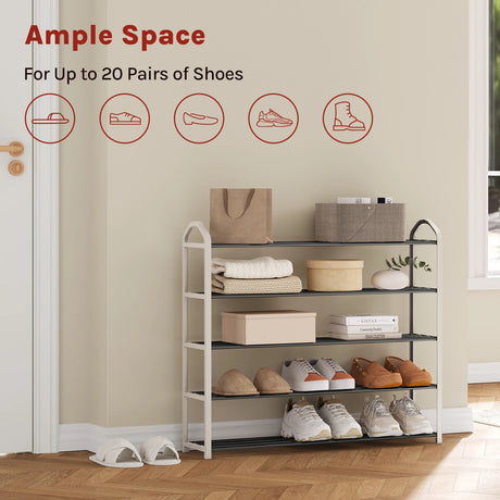 Compact BukkitBow stalen schoenenrek met handgrepen, 4/5 niveaus voor het organiseren van schoenen in een modern interieur.