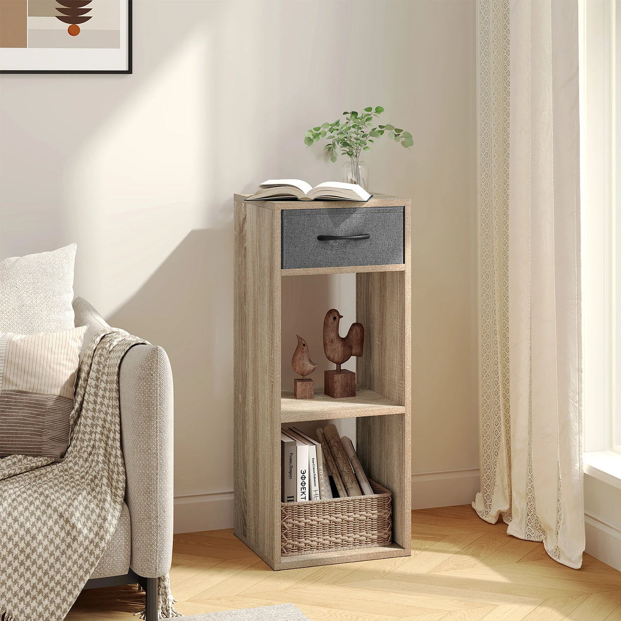 BukkitBow compacte boekenkast met stoffen lade en 3 niveaus, houten decor en opbergruimte voor boeken en accessoires